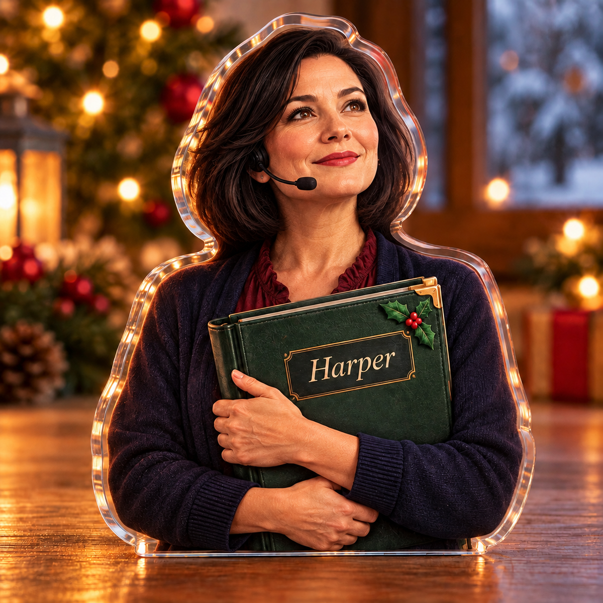 Front-view digital preview of a Christmas stage manager opening night acrylic plaque with example name Harper integrated into the cue binder front name cartouche