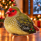 Front-view digital preview of a Christmas star finch emerald wish acrylic plaque with example name Stella integrated into the lower folded wing
