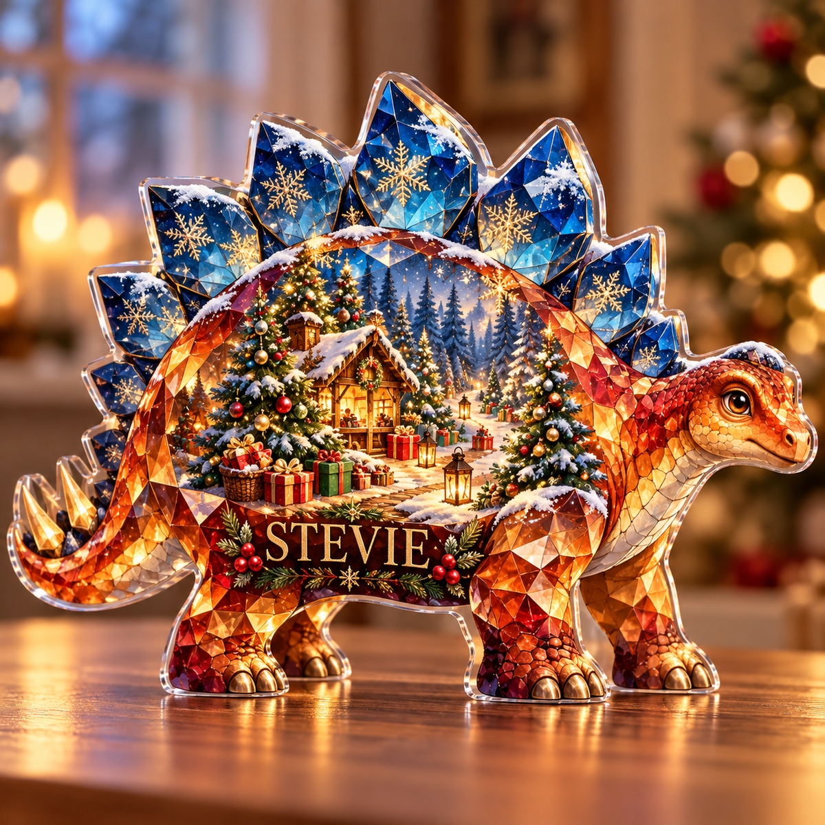Front-view digital preview of a Christmas stegosaurus amber giftgrove acrylic plaque with example name STEVIE integrated into the lower flank facets