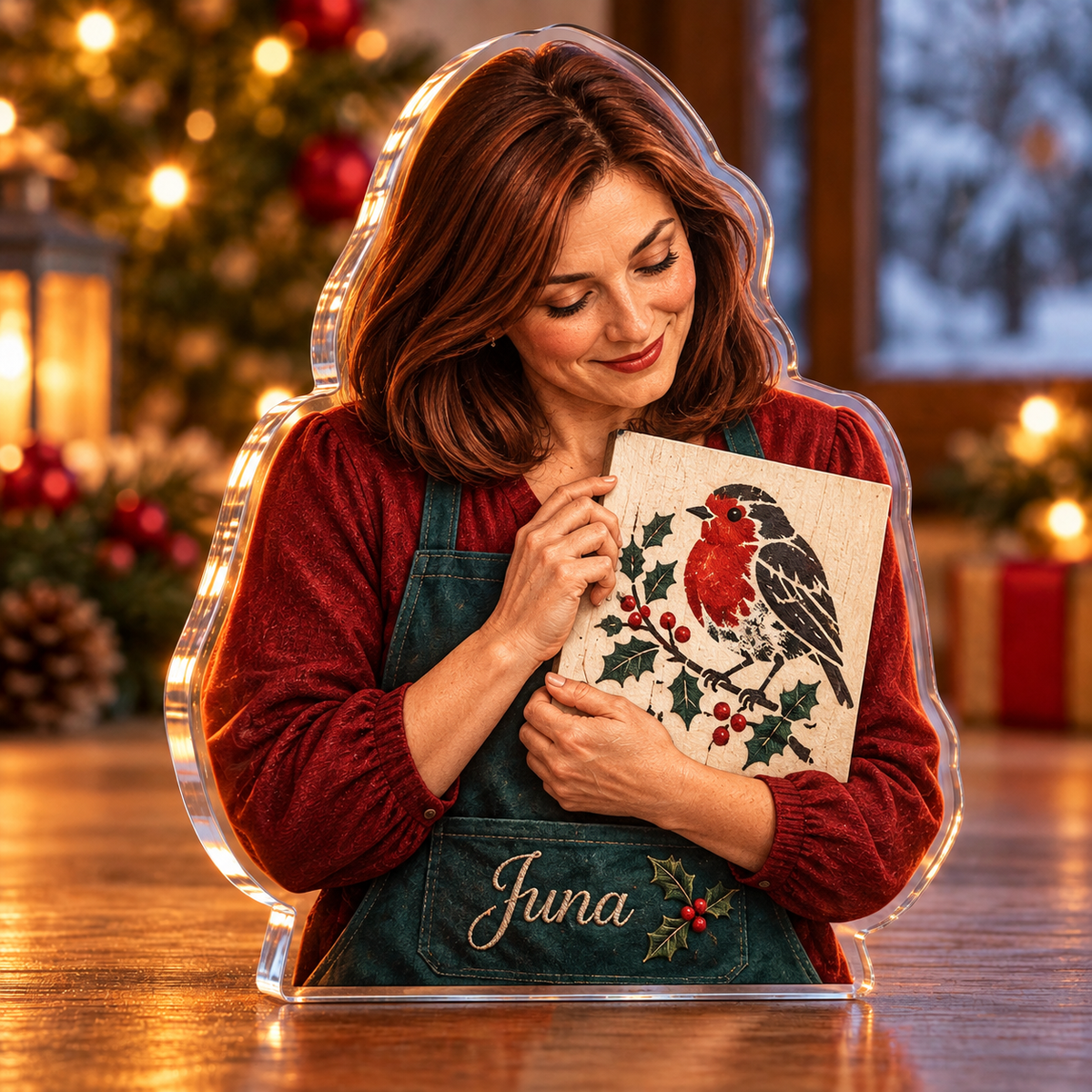 Front-view digital preview of a Christmas stencil artist robin print acrylic plaque with example name Juna integrated into the stencil artist apron front name embroidery