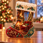 Front-view digital preview of a Christmas stocking ruby fireside acrylic plaque with example name Joy integrated into the lower intrinsic stocking toe detail