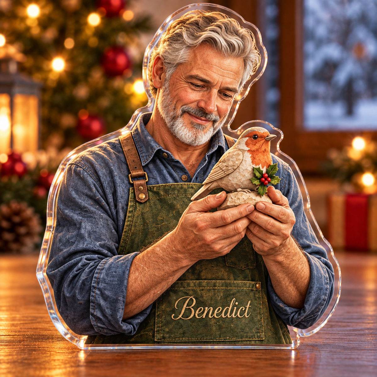 Front-view digital preview of a Christmas stone carver robin acrylic plaque with example name Benedict integrated into the stone carver apron front name embroidery