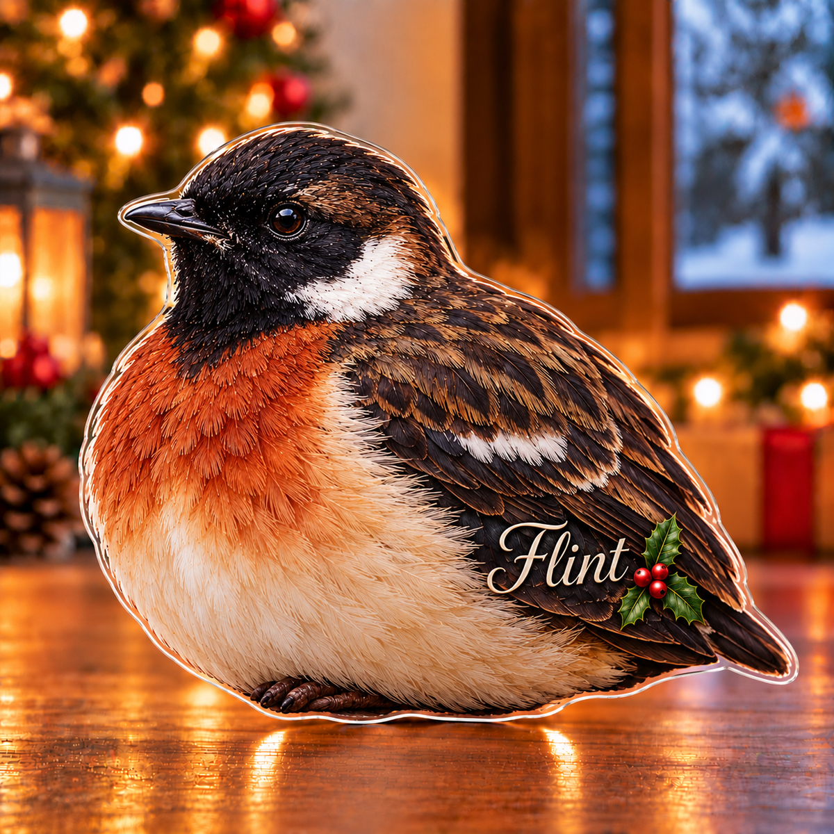 Front-view digital preview of a Christmas stonechat ember wish acrylic plaque with example name Flint integrated into the lower folded wing