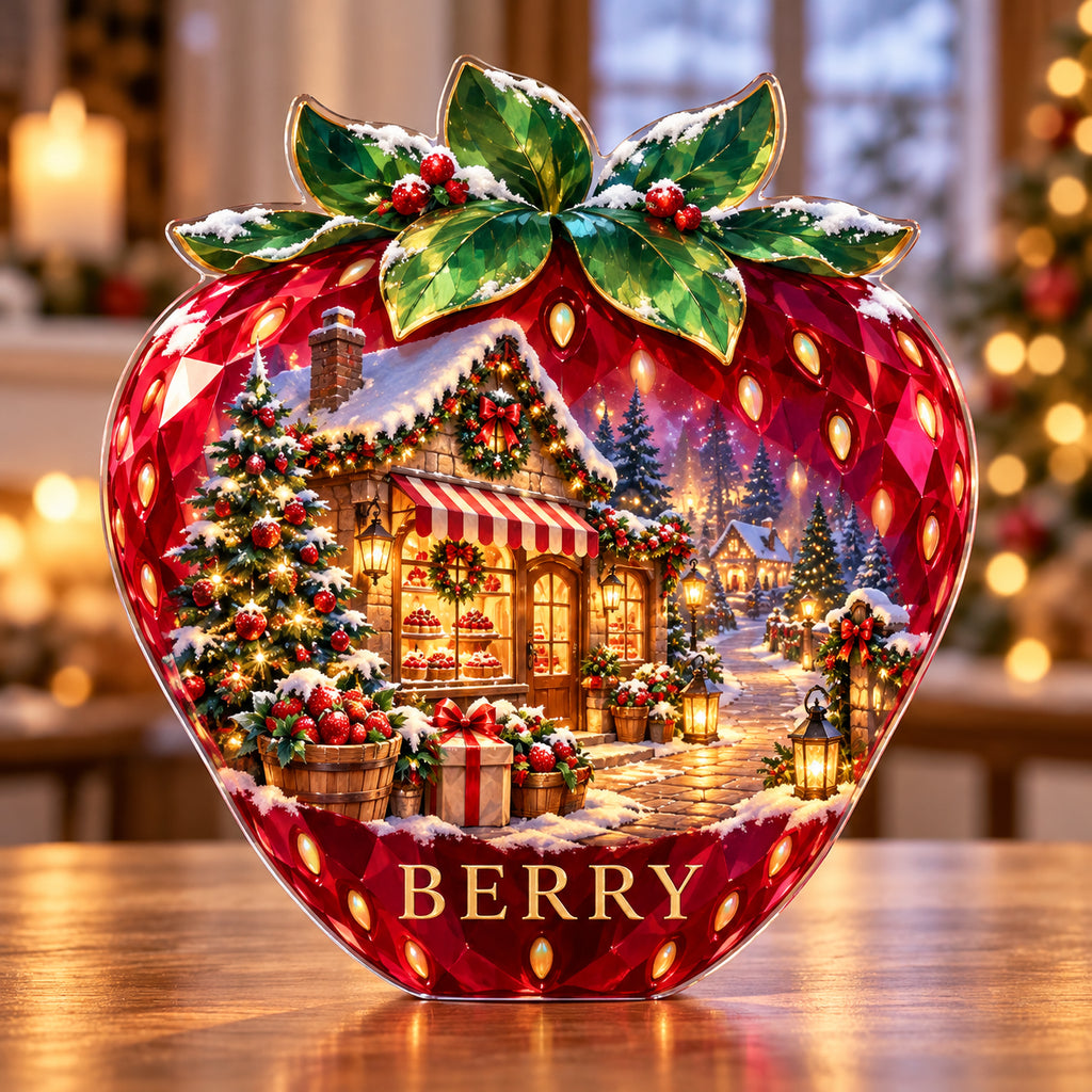 Front-view digital preview of a Christmas ruby strawberry acrylic plaque with example name BERRY integrated into the lowest fruit body facets