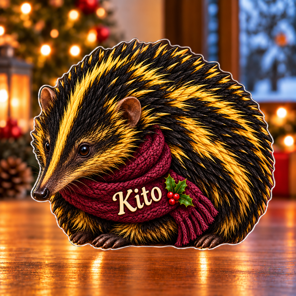 Front-view digital preview of a Christmas tenrec little wonder acrylic plaque with example name Kito integrated into the neck wrap front