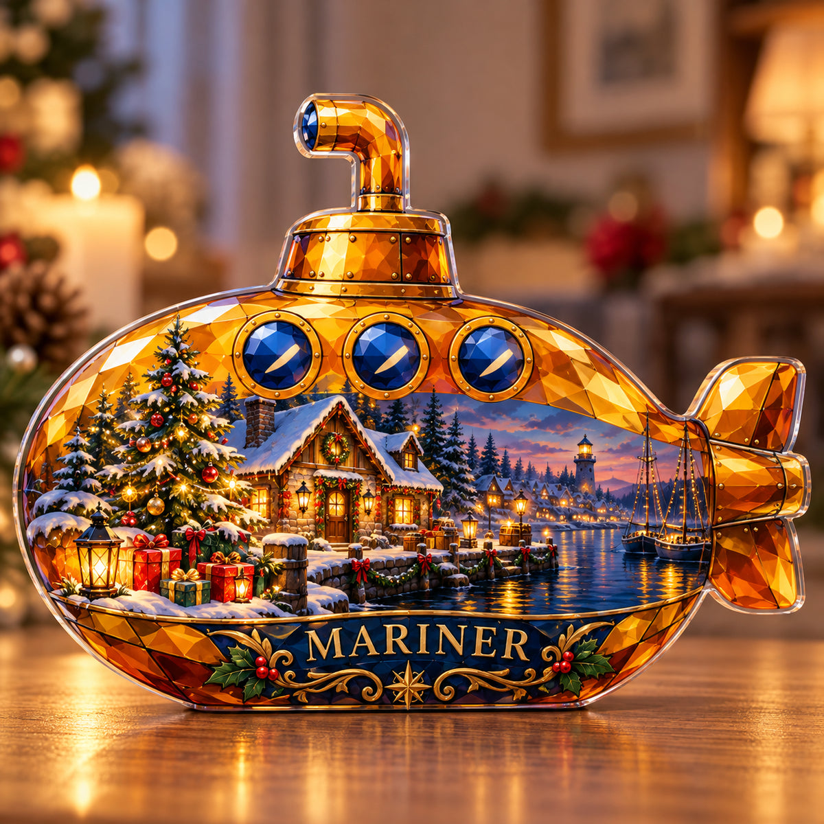 Front-view digital preview of a Christmas amber submarine acrylic plaque with example name MARINER integrated into the lowest intrinsic hull facets