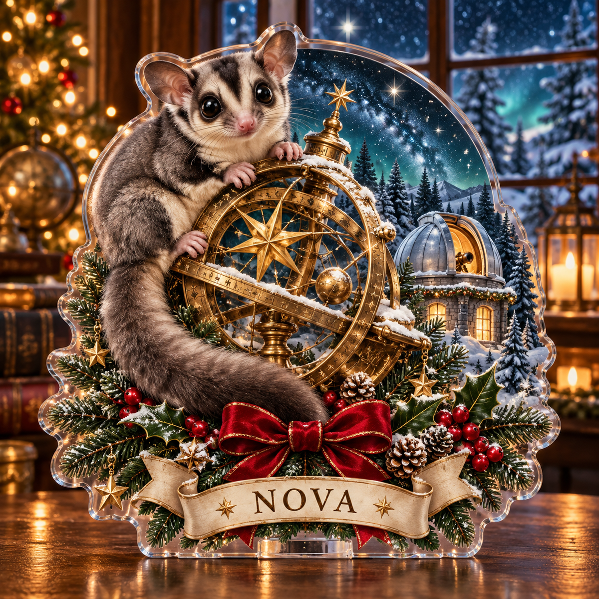 Front-view digital preview of a personalized Christmas sugar glider, golden star instrument and snowy observatory acrylic plaque with example name NOVA