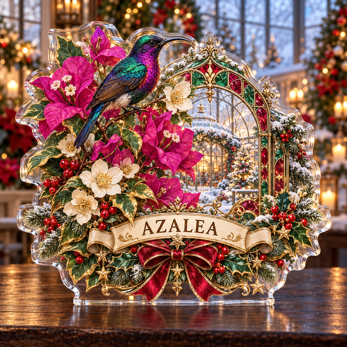 Front-view digital preview of a personalized Christmas sunbird bougainvillea garden acrylic plaque with example name AZALEA
