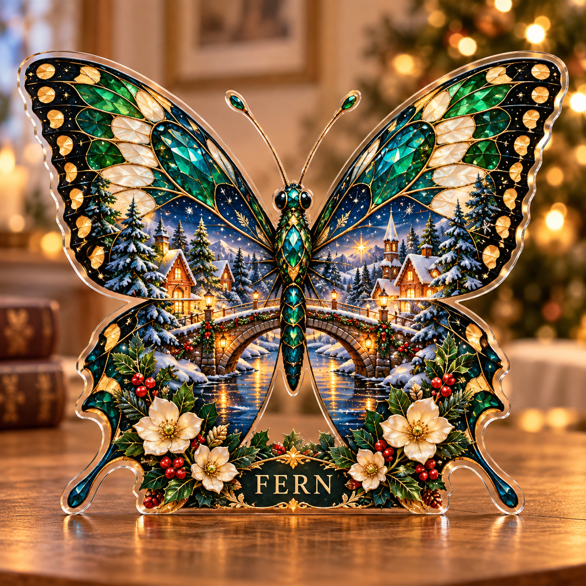 Front-view digital preview of a Christmas swallowtail emerald bridge acrylic plaque with example name Fern integrated into the lower butterfly botanical detail