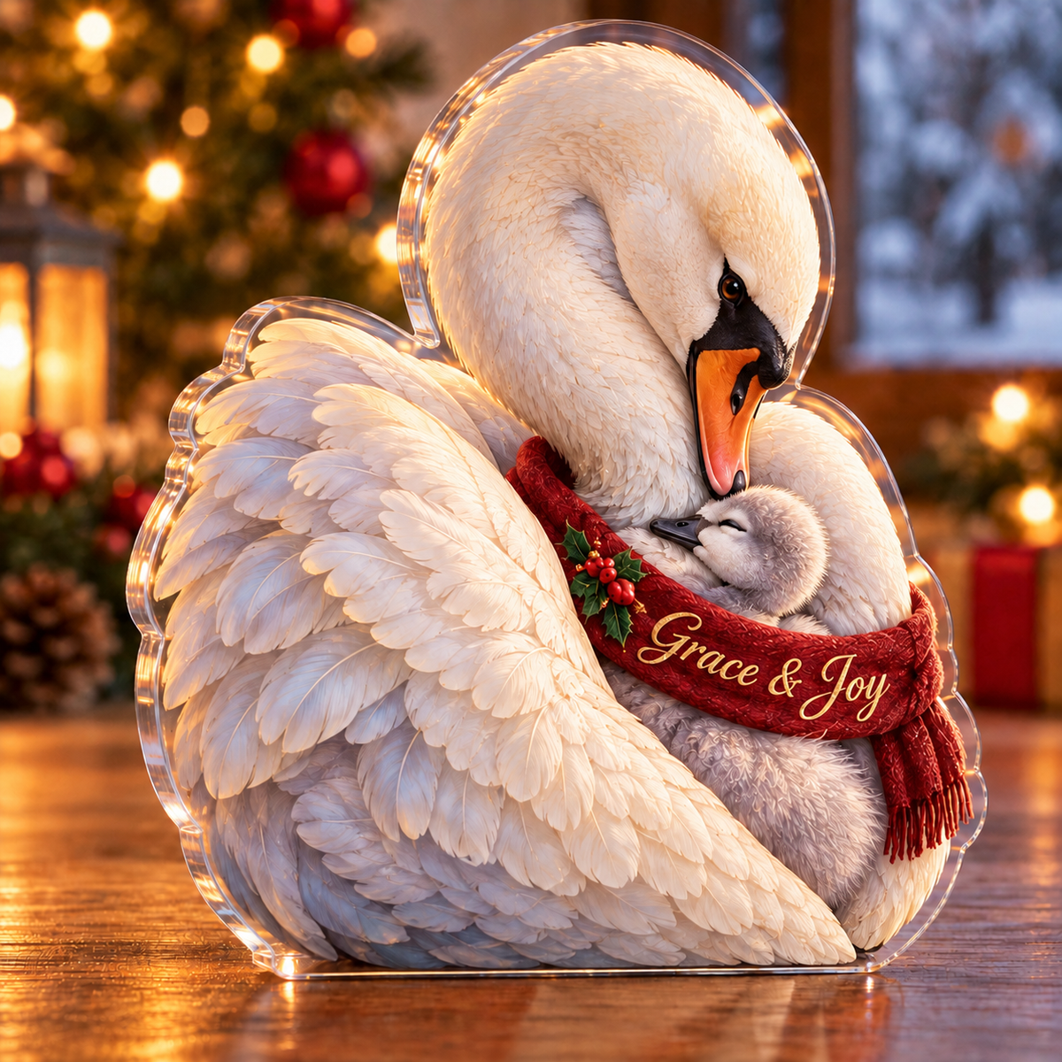 Front-view digital preview of a Christmas swan family tenderness acrylic plaque with example name Grace & Joy integrated into the the illustrated scarf name stitching