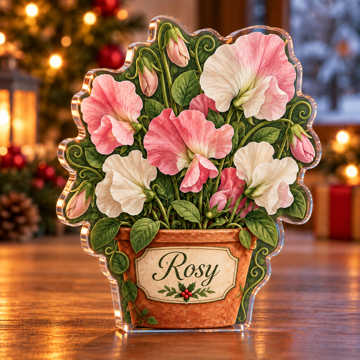 Front-view digital preview of a Christmas sweet pea blooms acrylic plaque with example name Rosy integrated into the illustrated pot front name panel
