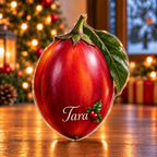 Front-view digital preview of a Christmas tamarillo ruby harvest acrylic plaque with example name Tara integrated into the lower fruit surface