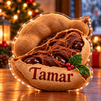 Front-view digital preview of a Christmas tamarind pod memory acrylic plaque with example name Tamar integrated into the the illustrated lower shell name detail
