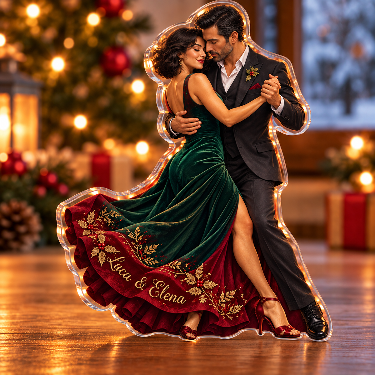 Front-view digital preview of a Christmas tango close embrace acrylic plaque with example name Luca & Elena integrated into the the illustrated lower dress hem name embroidery