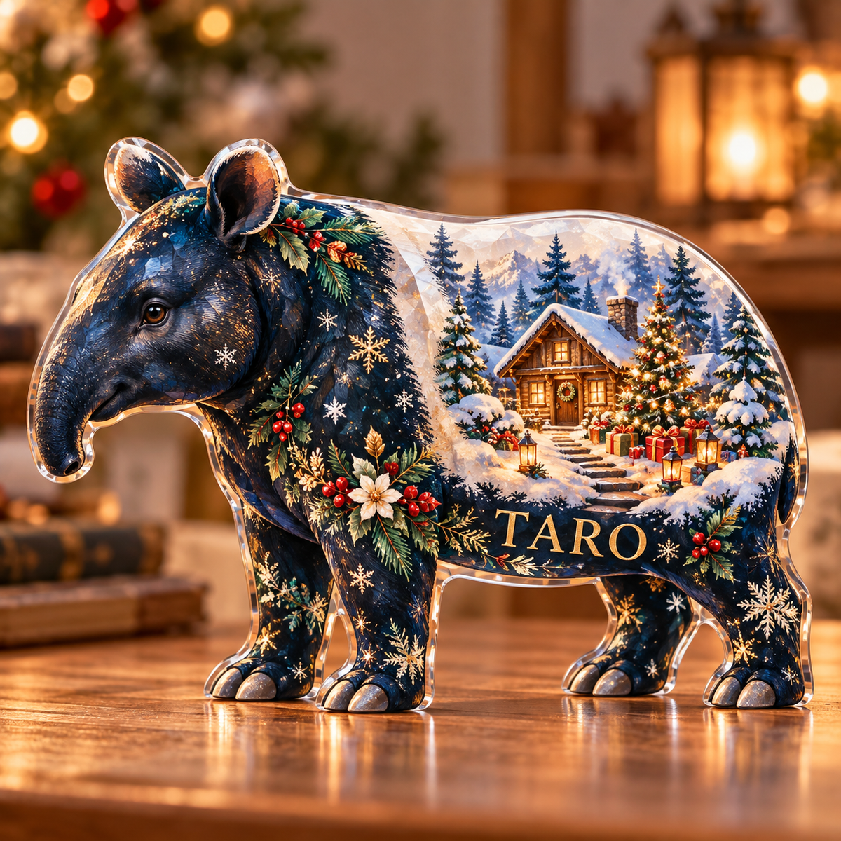Front-view digital preview of a Christmas tapir opal snowcabin acrylic plaque with example name TARO integrated into the lower flank facets