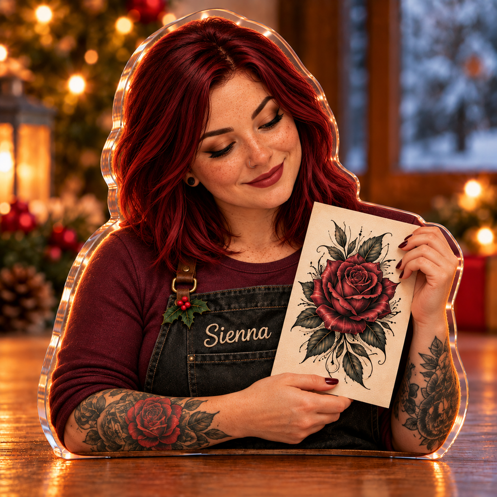 Front-view digital preview of a Christmas tattoo artist rose acrylic plaque with example name Sienna integrated into the the illustrated front apron name stitching