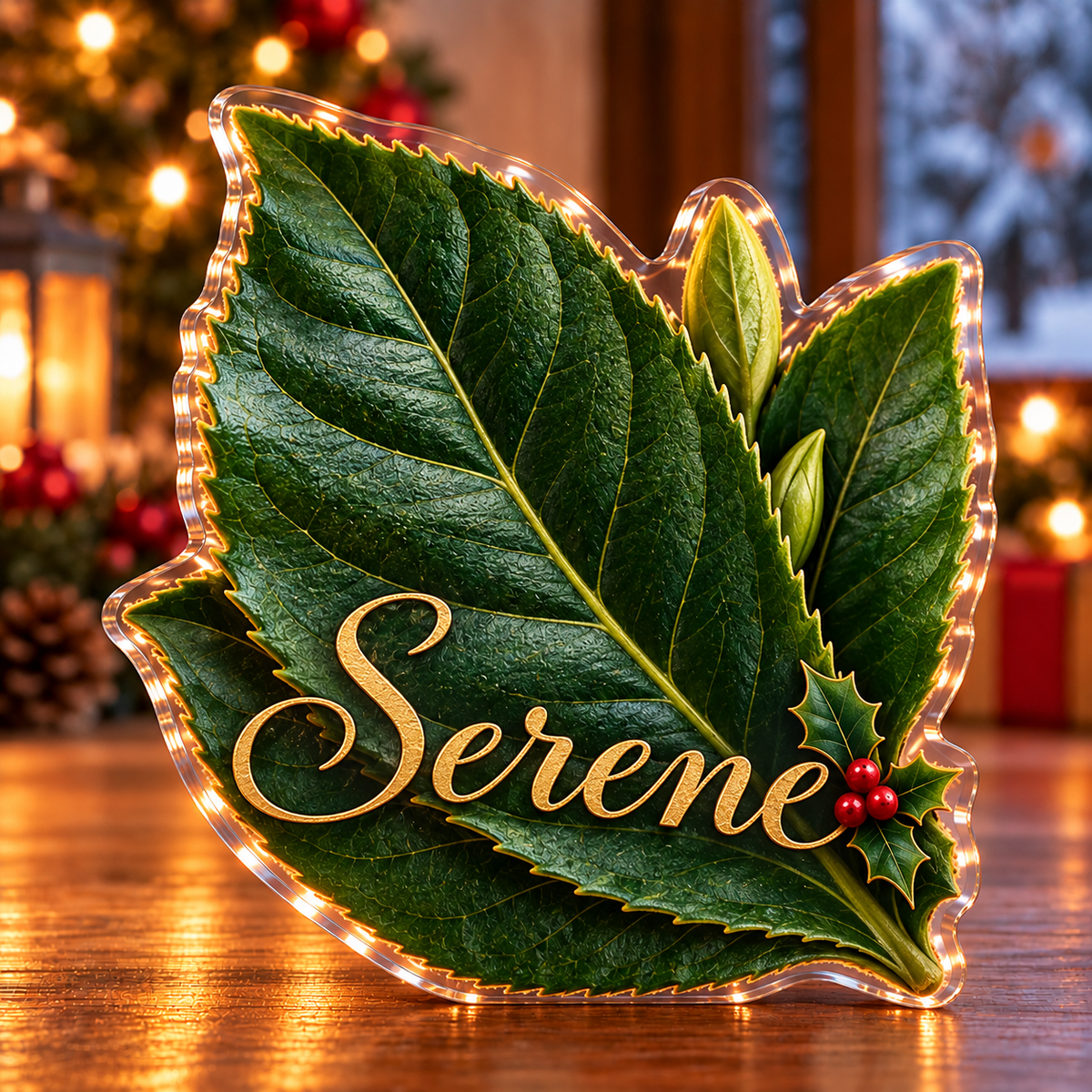 Front-view digital preview of a Christmas tea leaf quiet joy acrylic plaque with example name Serene integrated into the the illustrated lower leaf name detail