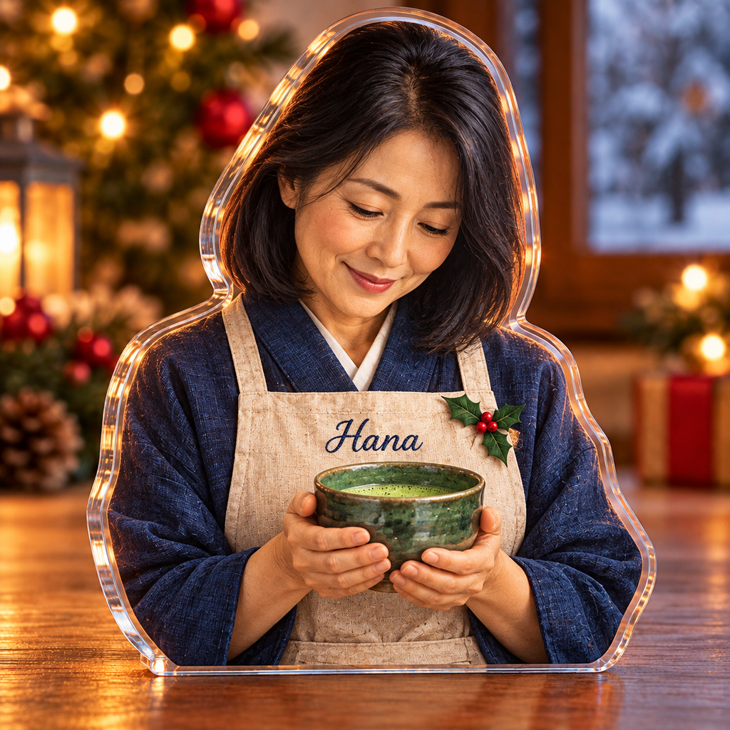 Front-view digital preview of a Christmas tea master quiet joy acrylic plaque with example name Hana integrated into the the illustrated front apron name stitching