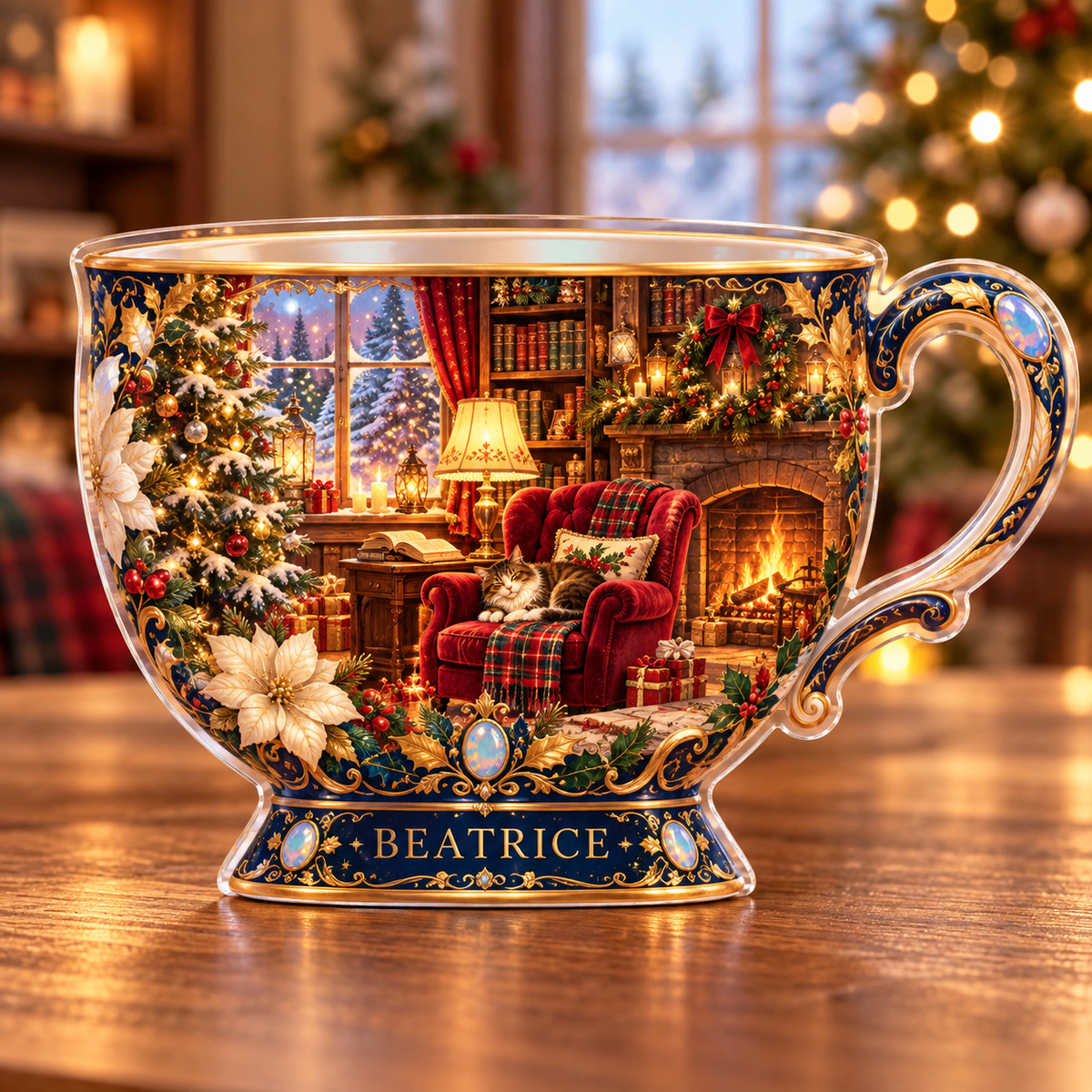 Front-view digital preview of a Christmas teacup opal readingroom acrylic plaque with example name Beatrice integrated into the lower intrinsic teacup foot detail