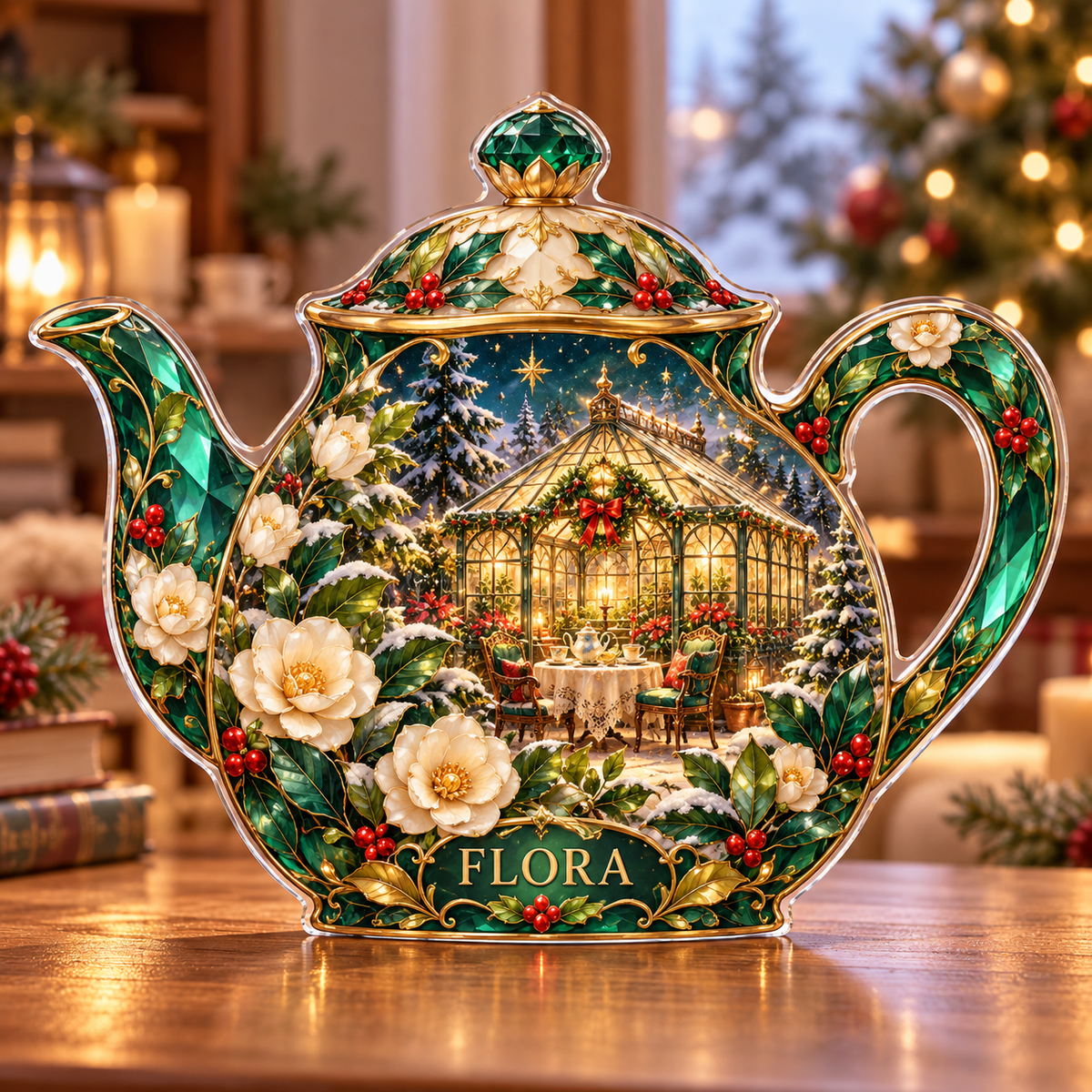 Front-view digital preview of a Christmas teapot jade greenhouse acrylic plaque with example name Flora integrated into the lower teapot botanical detail