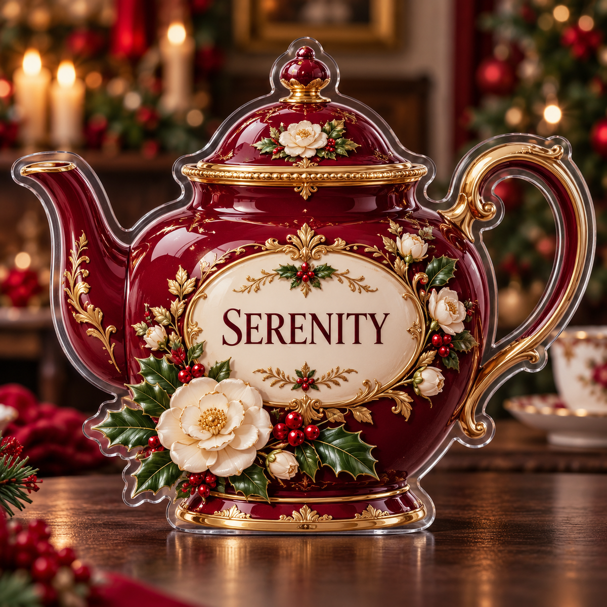 Frontal digital preview of a Christmas teapot acrylic plaque with SERENITY integrated into the illustrated porcelain medallion