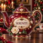 Frontal digital preview of a Christmas teapot acrylic plaque with SERENITY integrated into the illustrated porcelain medallion