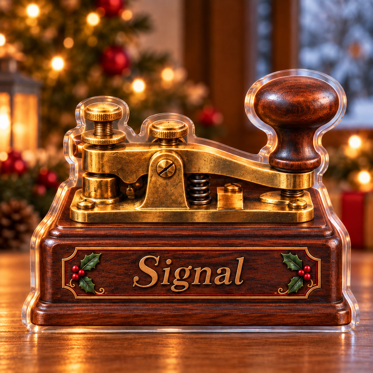 Front-view digital preview of a Christmas telegraph key acrylic plaque with example name Signal integrated into the illustrated wood plinth front name panel