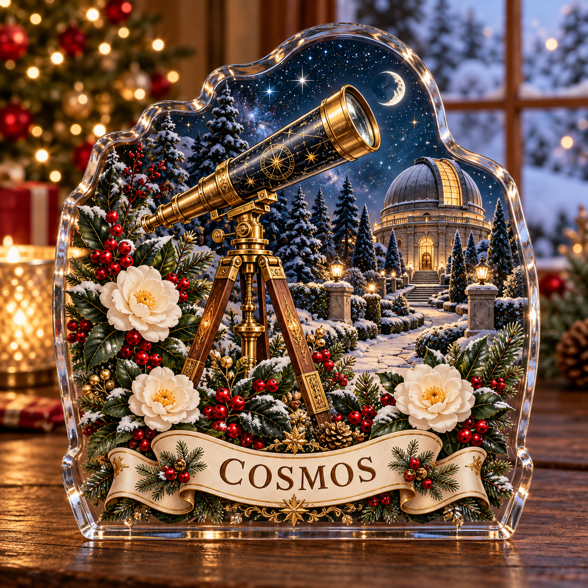 Front-view digital preview of a personalized Christmas telescope camellia observatory acrylic plaque with example name COSMOS