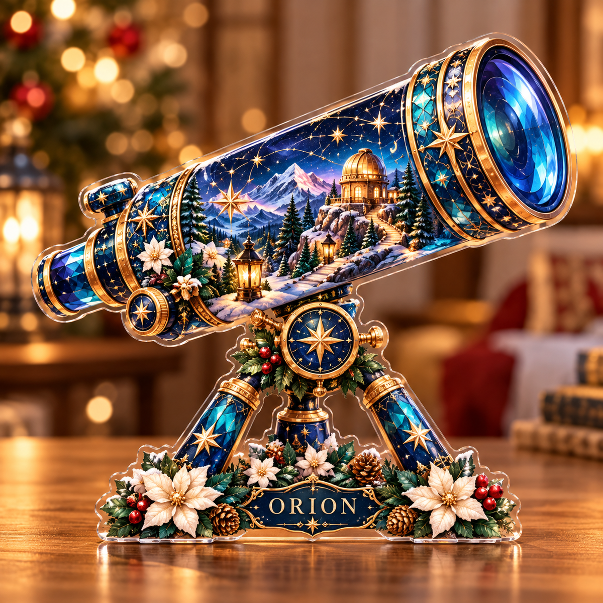 Front-view digital preview of a Christmas telescope sapphire summit acrylic plaque with example name Orion integrated into the lower intrinsic mount botanical detail