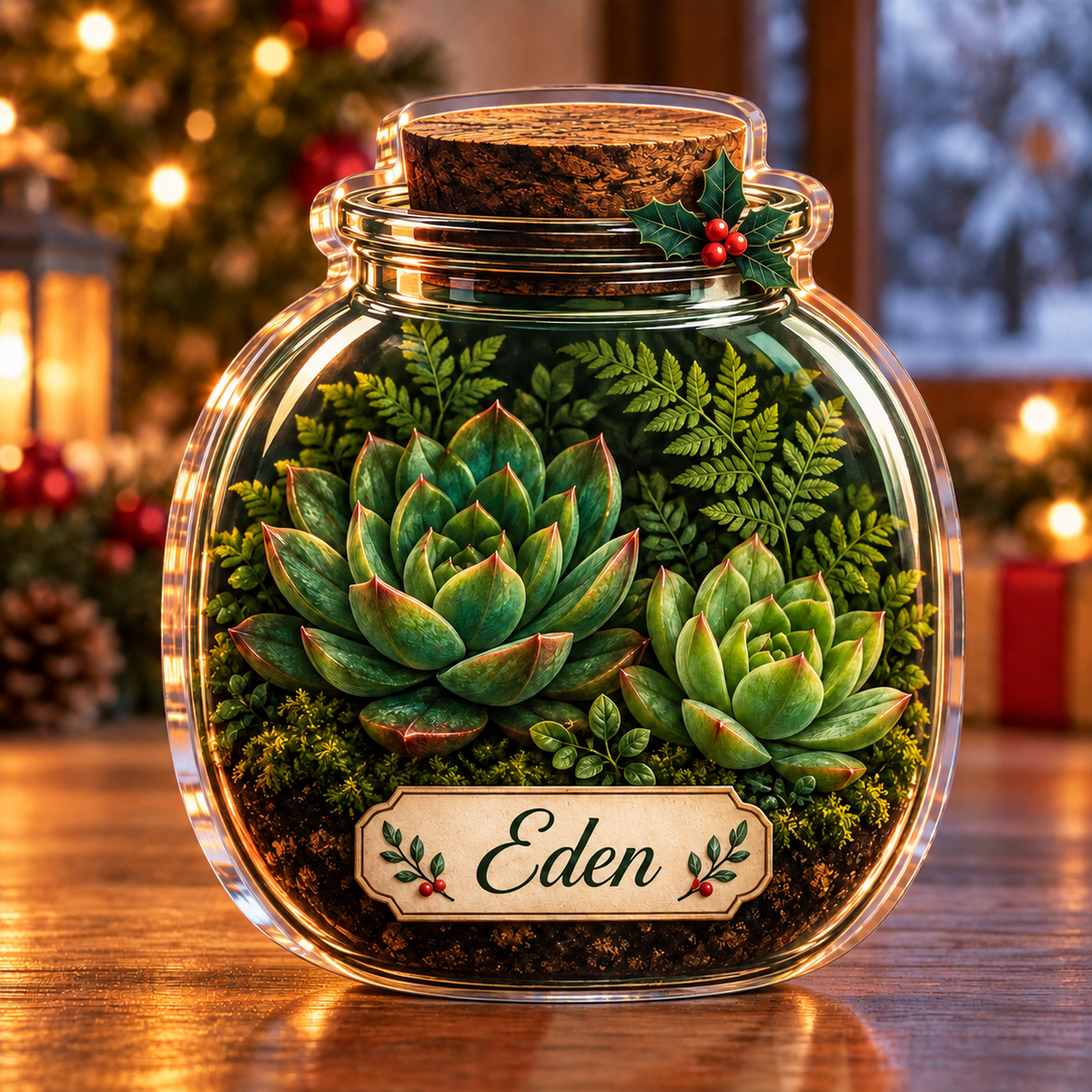 Front-view digital preview of a Christmas terrarium little garden acrylic plaque with example name Eden integrated into the terrarium jar front ivory name label