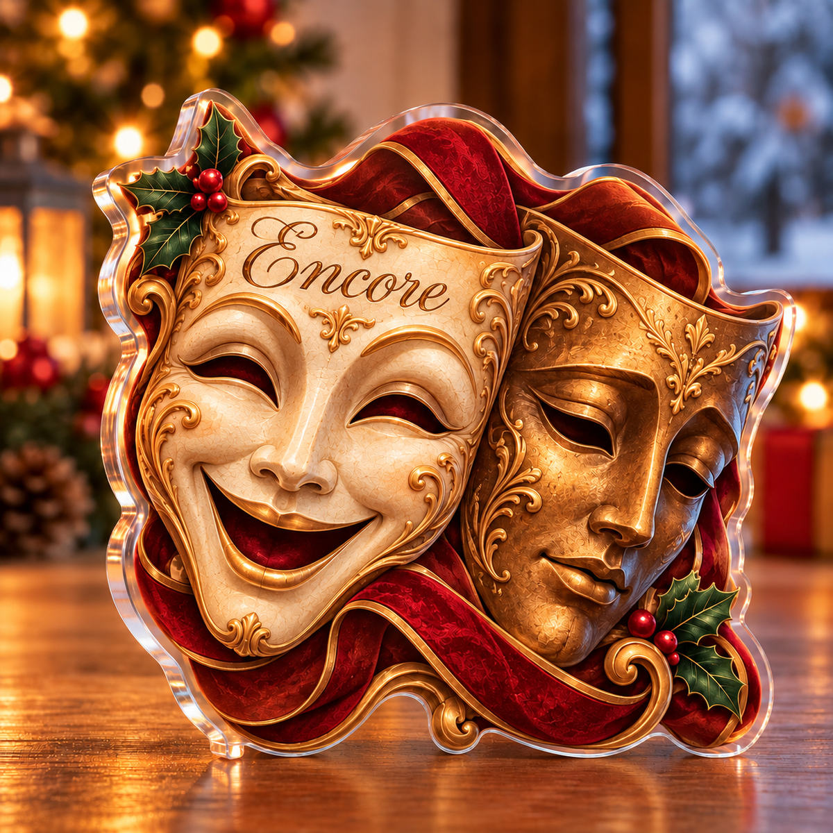 Front-view digital preview of a Christmas theatre mask pair acrylic plaque with example name Encore integrated into the illustrated comedy mask forehead panel