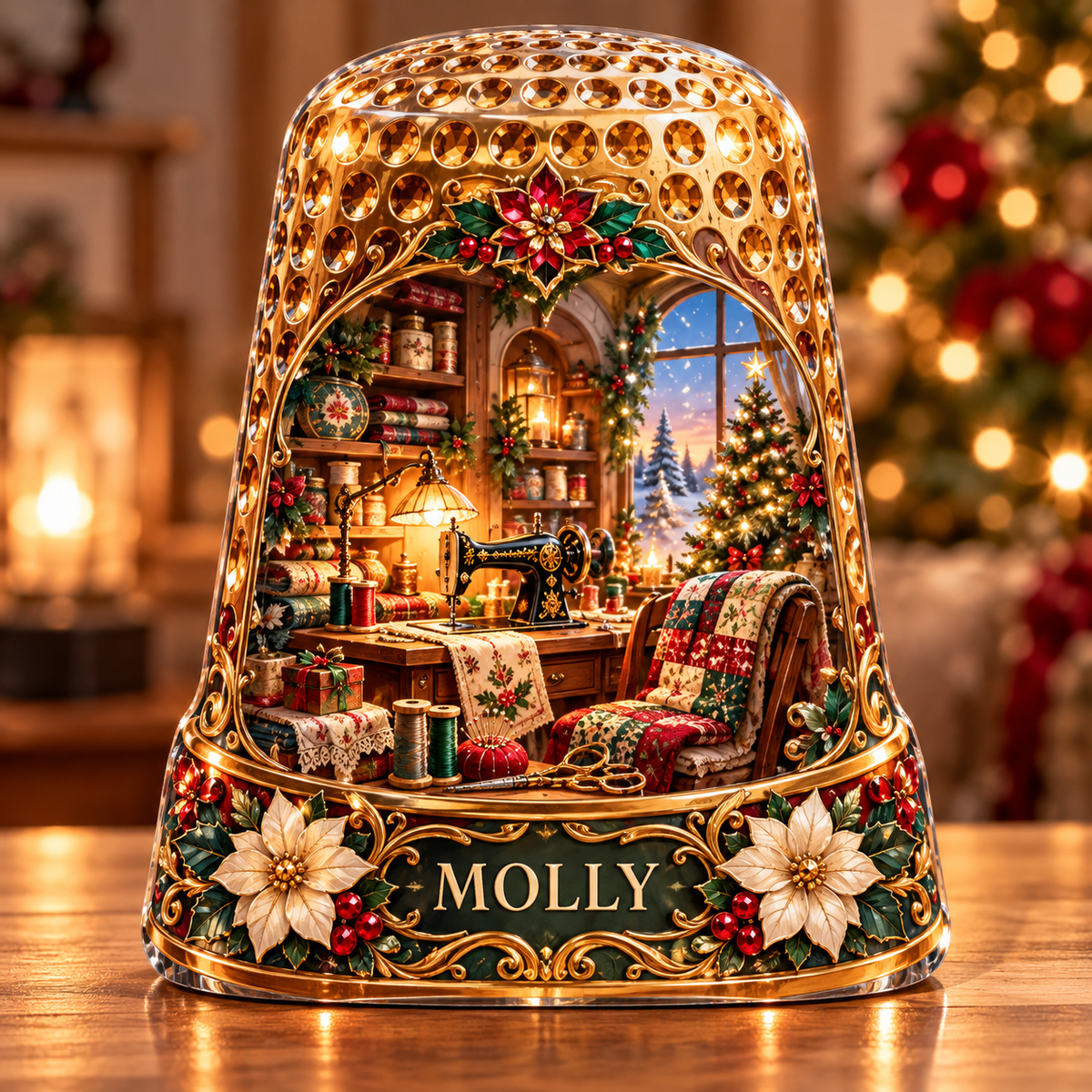 Front-view digital preview of a Christmas thimble amber atelier acrylic plaque with example name Molly integrated into the lower thimble floral detail