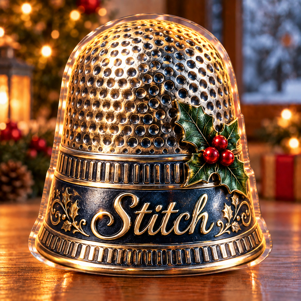 Front-view digital preview of a Christmas thimble stitch memory acrylic plaque with example name Stitch integrated into the the illustrated front thimble name detail