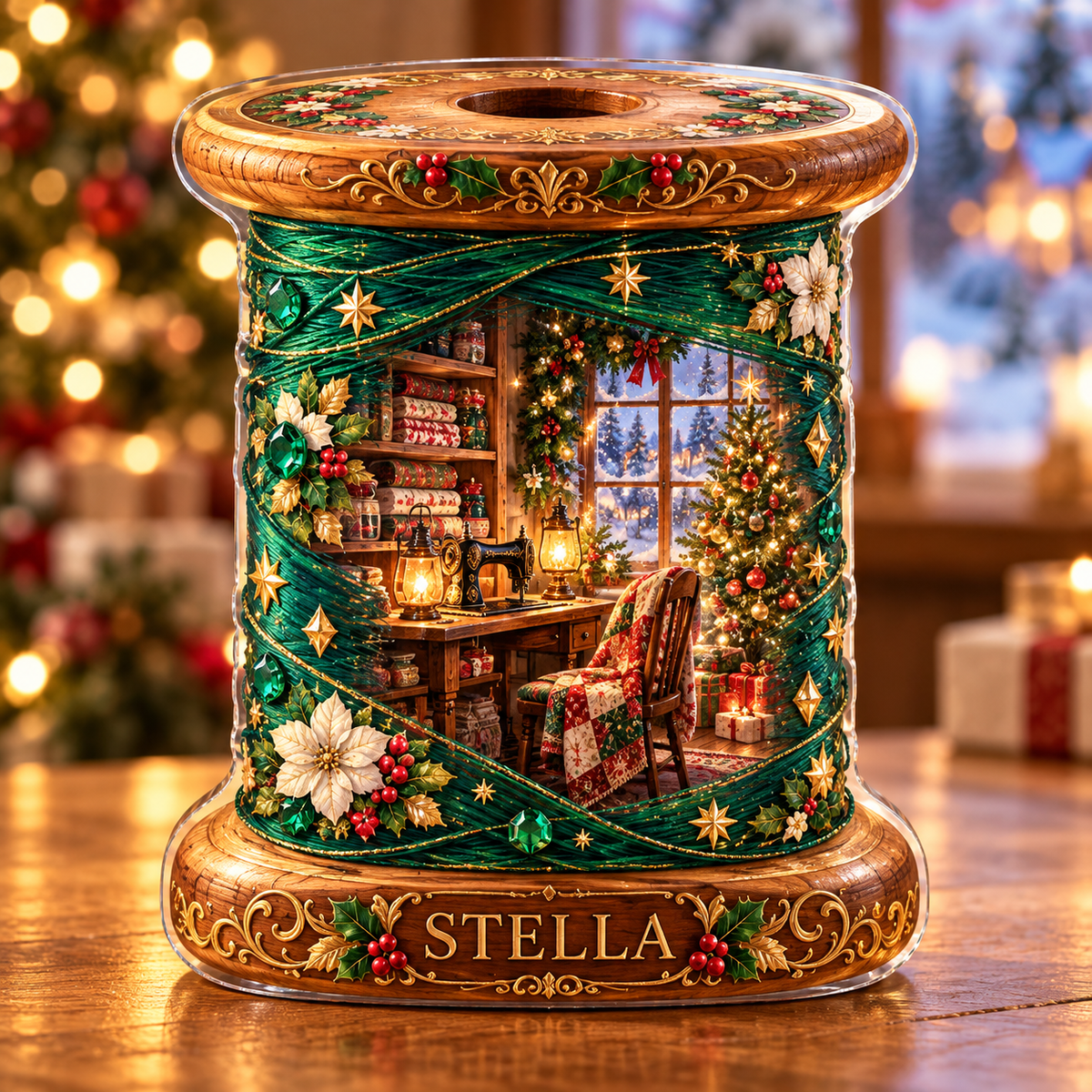 Front-view digital preview of a Christmas thread spool emerald atelier acrylic plaque with example name Stella integrated into the lower intrinsic thread spool flange detail