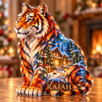 Front-view digital preview of a Christmas tiger ruby snowretreat acrylic plaque with example name RAJAH integrated into the lower haunch fur facets