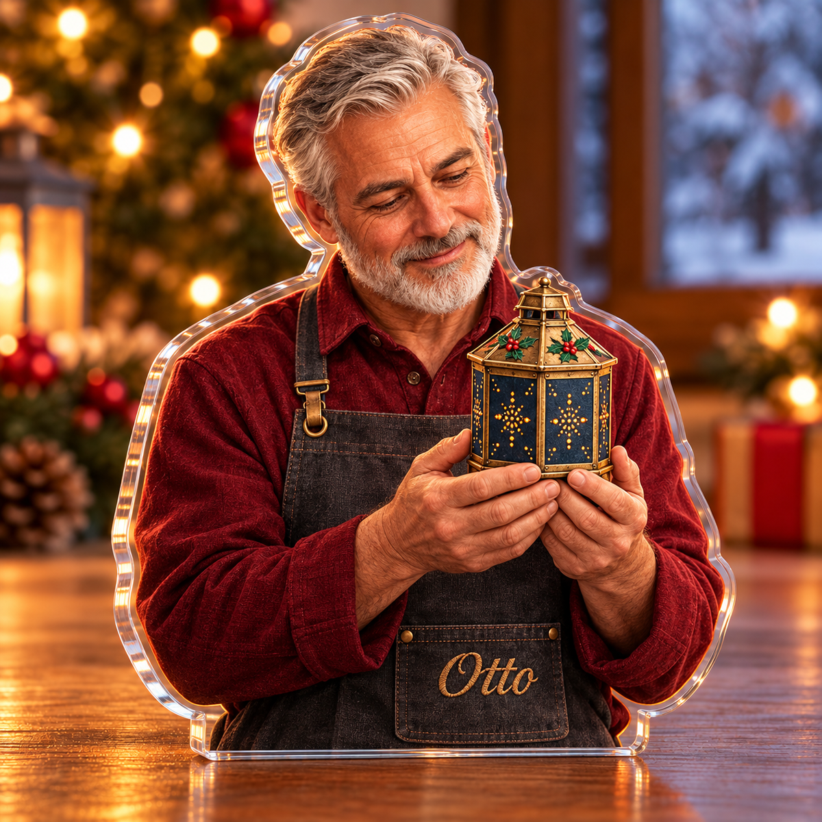Front-view digital preview of a Christmas tinsmith punched lantern acrylic plaque with example name Otto integrated into the tinsmith apron front name embroidery
