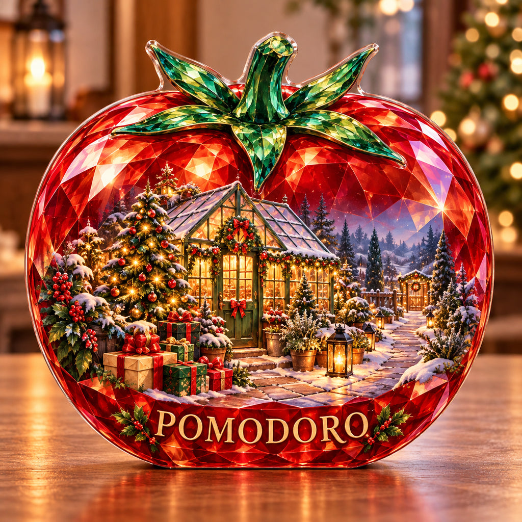 Front-view digital preview of a Christmas ruby tomato acrylic plaque with example name POMODORO integrated into the lowest intrinsic tomato facets
