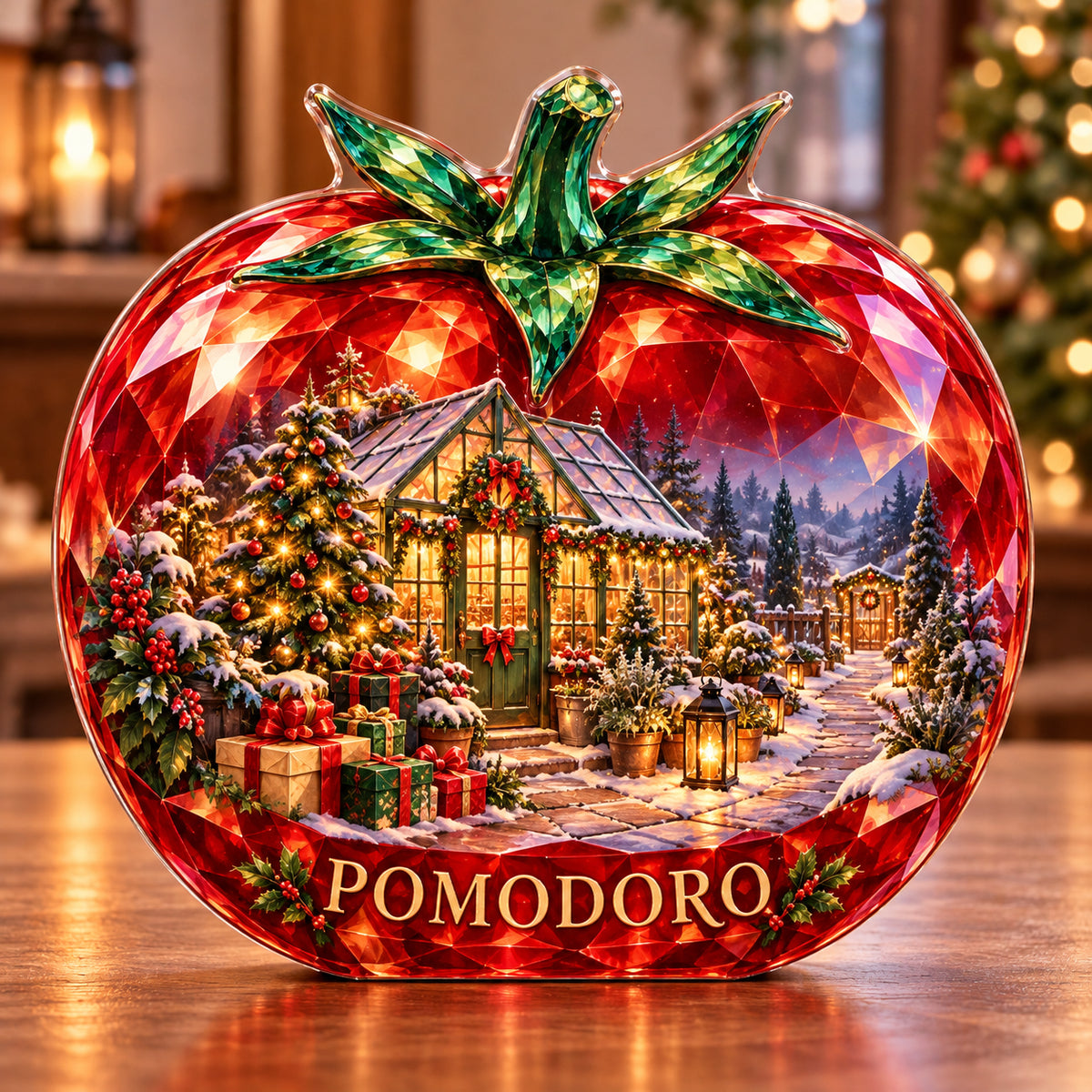 Front-view digital preview of a Christmas ruby tomato acrylic plaque with example name POMODORO integrated into the lowest intrinsic tomato facets