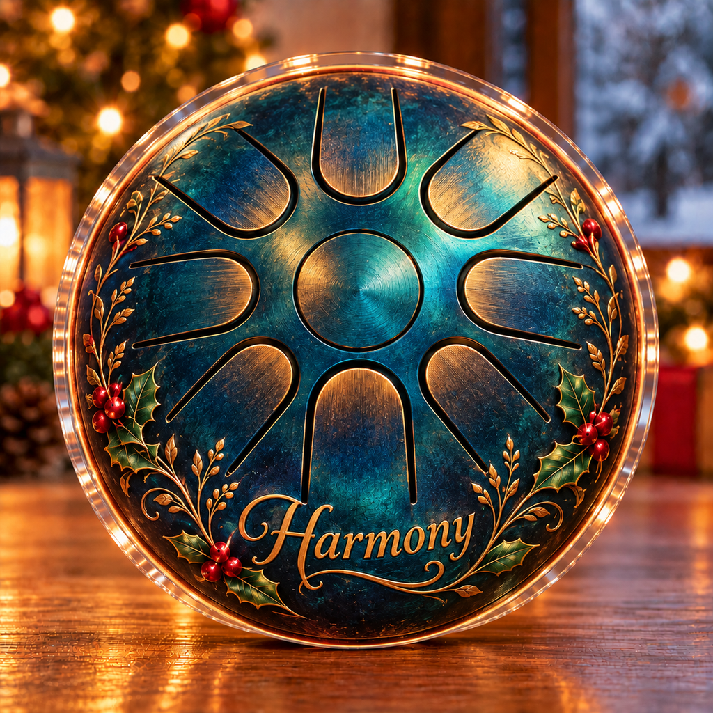 Front-view digital preview of a Christmas tongue drum rhythm acrylic plaque with example name Harmony integrated into the the illustrated lower drum shell name detail
