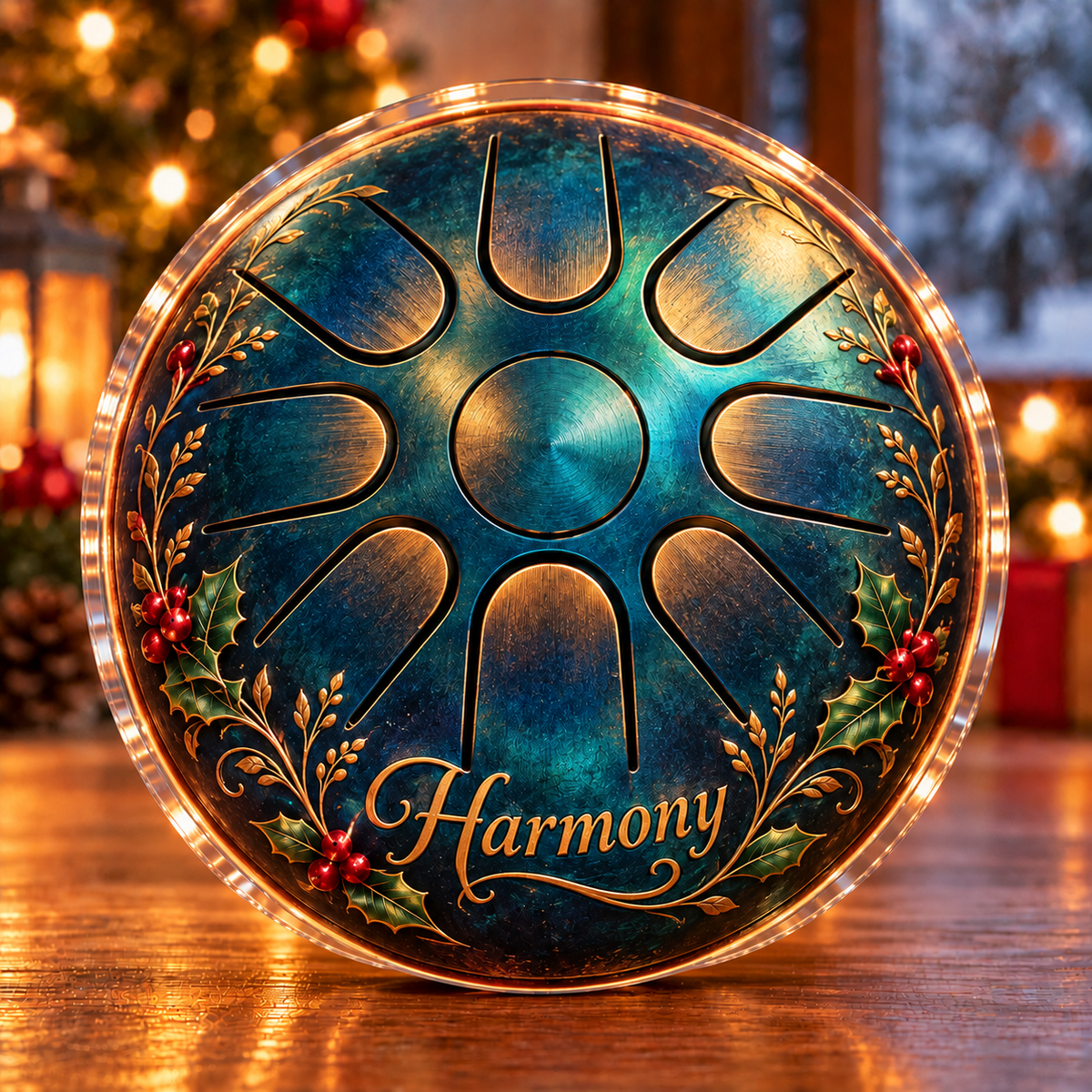 Front-view digital preview of a Christmas tongue drum rhythm acrylic plaque with example name Harmony integrated into the the illustrated lower drum shell name detail