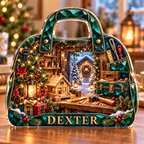 Front-view digital preview of a Christmas toolbag emerald makershop acrylic plaque with example name DEXTER integrated into the intrinsic lower bag seam
