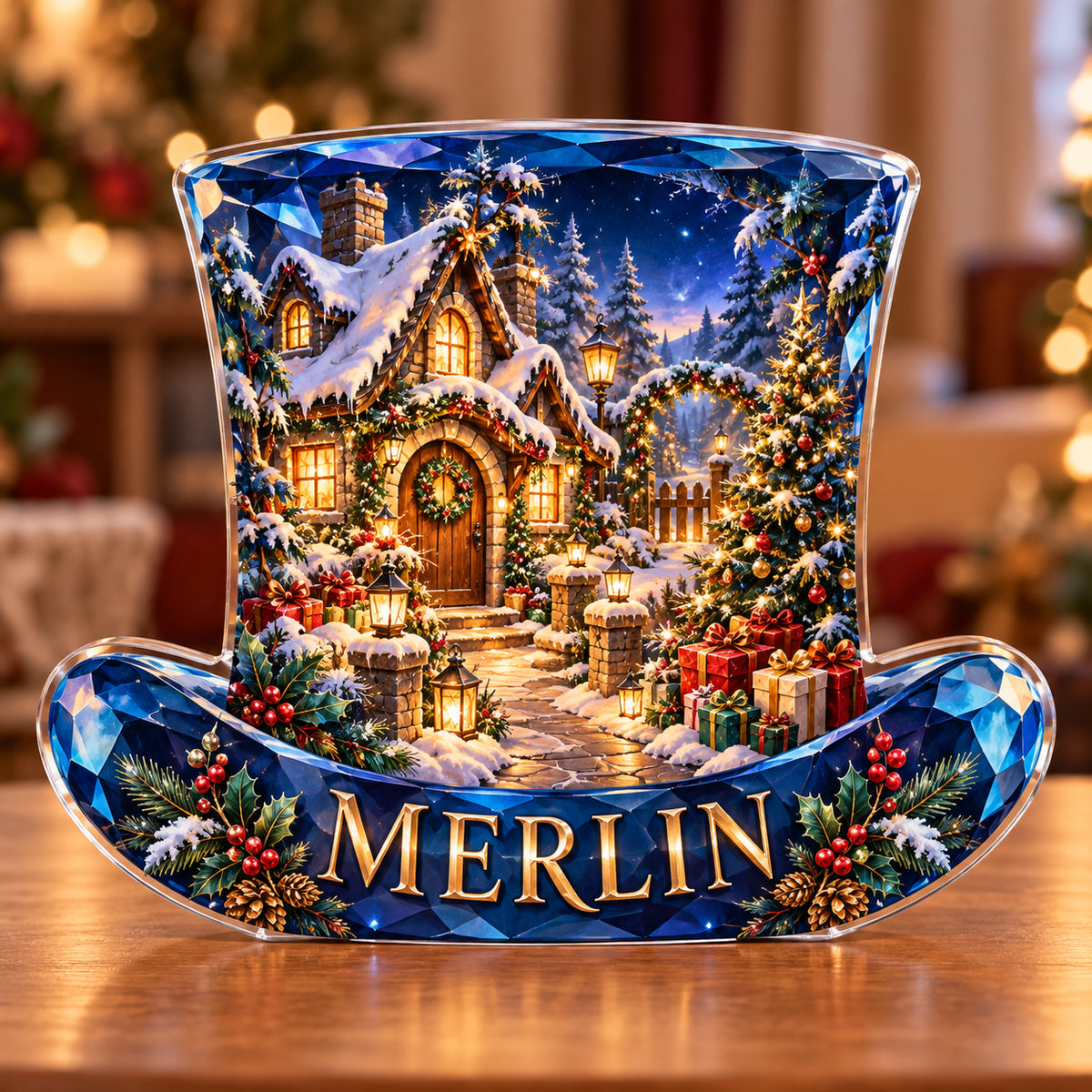 Front-view digital preview of a Christmas sapphire top hat acrylic plaque with example name MERLIN integrated into the lowest hat brim facets