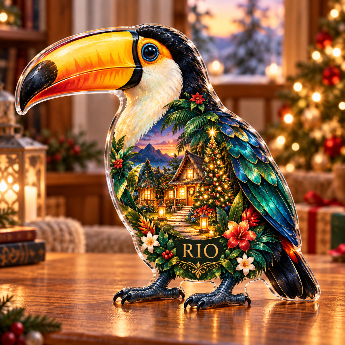 Front-view digital preview of a Christmas toucan emerald canopy acrylic plaque with example name Rio integrated into the lower intrinsic toucan botanical detail