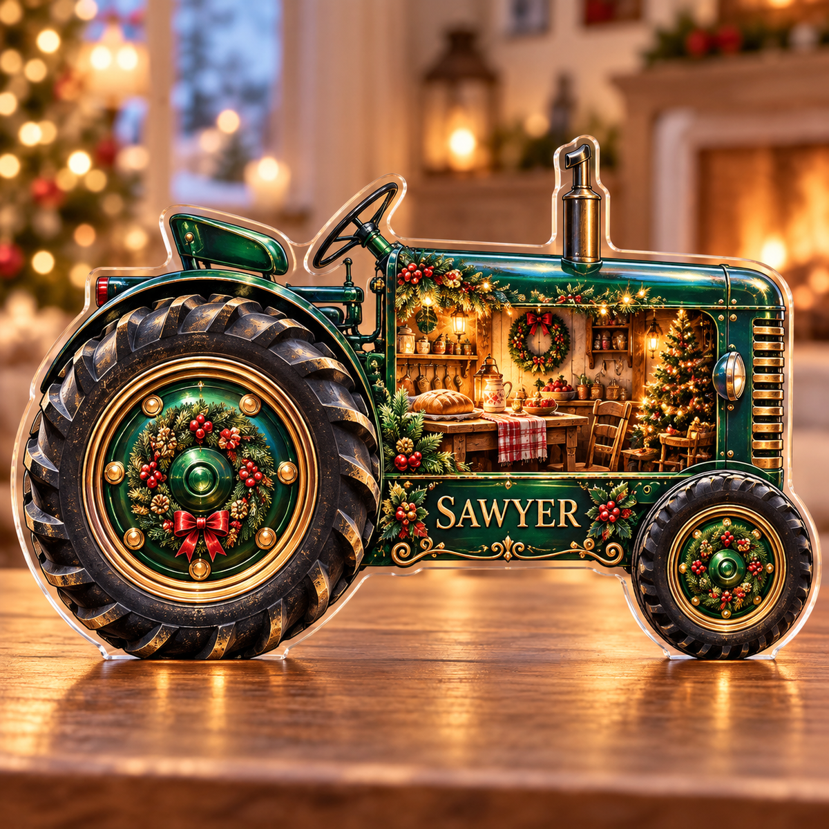 Front-view digital preview of a Christmas tractor emerald harvest acrylic plaque with example name Sawyer integrated into the lower intrinsic tractor chassis detail