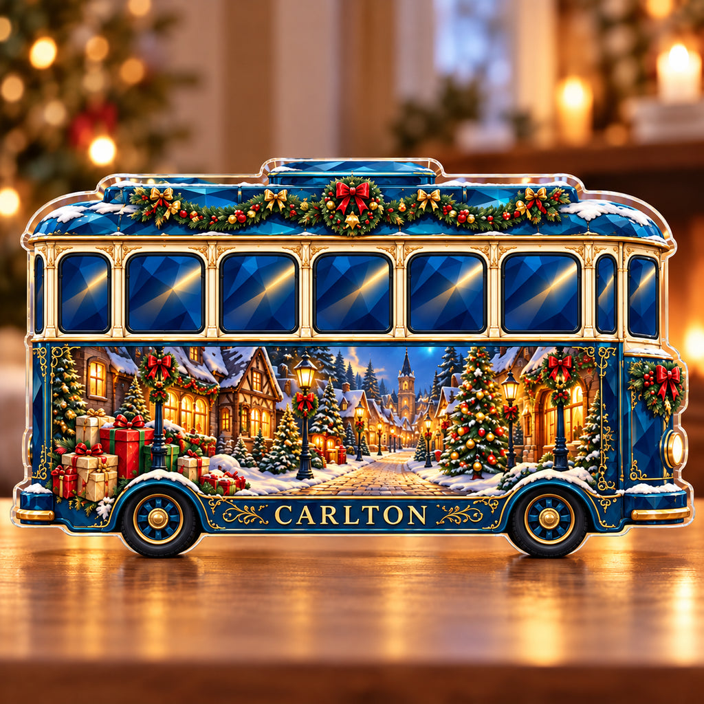 Front-view digital preview of a Christmas sapphire tram acrylic plaque with example name CARLTON integrated into the lowest intrinsic tram side sill facets