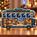 Front-view digital preview of a Christmas sapphire tram acrylic plaque with example name CARLTON integrated into the lowest intrinsic tram side sill facets