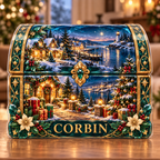 Front-view digital preview of a Christmas emerald treasure chest acrylic plaque with example name CORBIN integrated into the lowest chest body facets