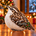Front-view digital preview of a Christmas treecreeper bark whisper acrylic plaque with example name Barkley integrated into the lower folded wing