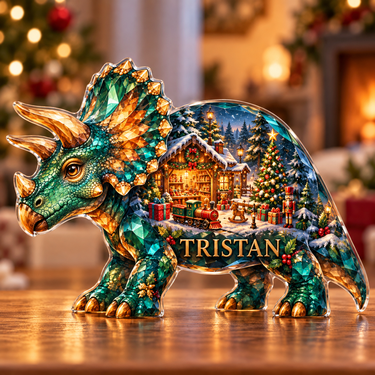 Front-view digital preview of a Christmas triceratops emerald toyforest acrylic plaque with example name TRISTAN integrated into the lower flank facets