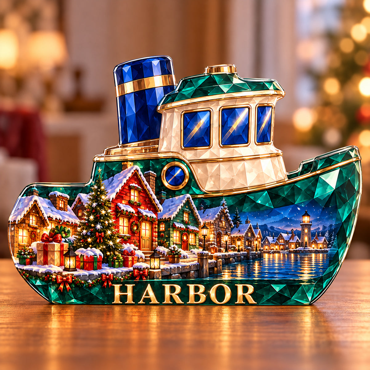 Front-view digital preview of a Christmas emerald tugboat acrylic plaque with example name HARBOR integrated into the lowest intrinsic hull facets